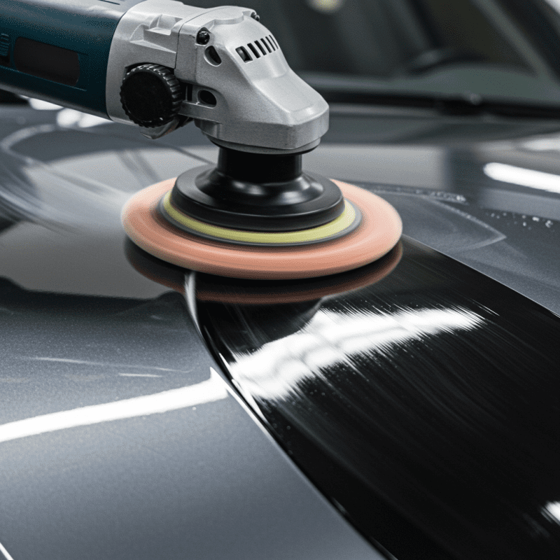 Poliravimo mašinėlė veikia automobilio kėbulo paviršių, suteikdama jam blizgesį.