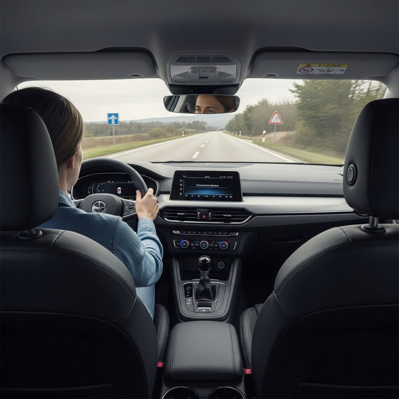 Automobilio salonas važiuojant keliu su ramiai atrodančiu vairuotoju, pabrėžiant tylos ir komforto pojūtį