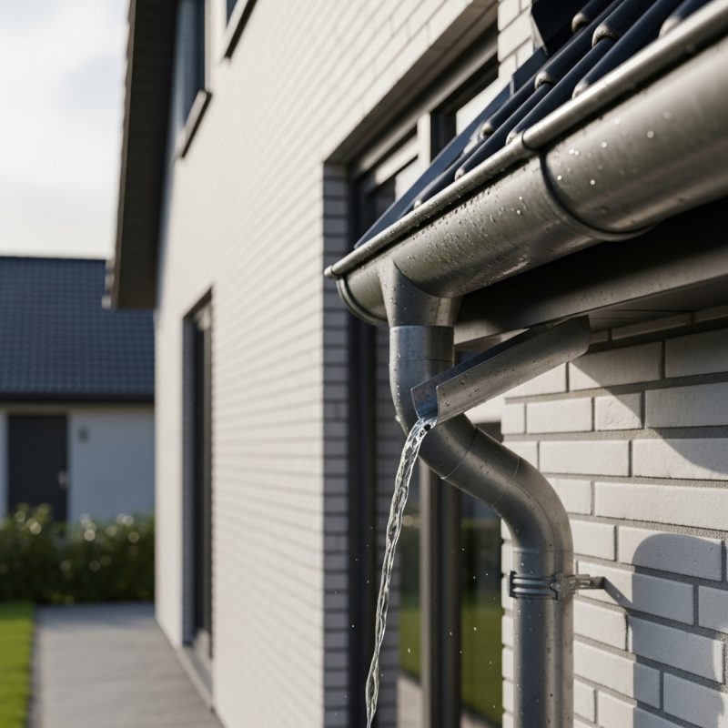 Lietvamzdžiai prie modernaus namo fasado, lietaus vanduo tekantis žemyn vamzdžiu