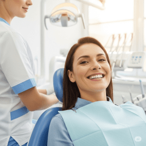 Žmogus šypsosi po profesionalios burnos higienos procedūros modernioje odontologijos klinikoje.